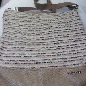 E-133 DAVID JONES 1/2 CLOTH,1/2 SNAKESKIN STYLE LEATHER SLOUCH BUCKET BAG